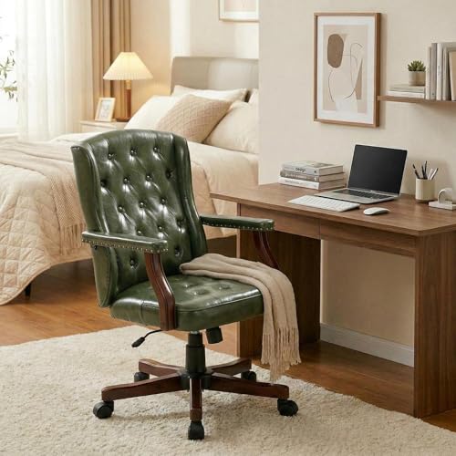 Executive Office Chair Ergonomic Faux Leather Desk Chair with Wingback Design Swivel Adjustable Home Office Chair for Computer Desk Comfortable Task Chair for Home Office Dark Green