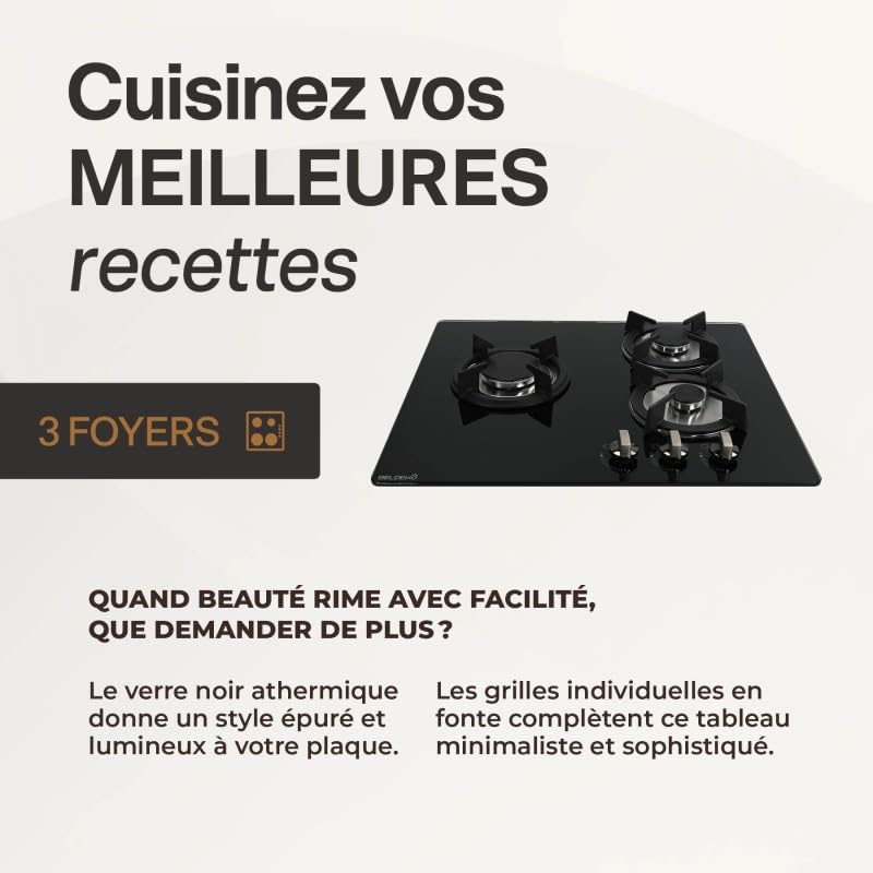 BELDEKO Plaque Gaz 3 Feux 5250W Grilles Fonte Verre Noir - Marque Française