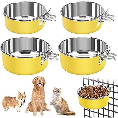 IEBIYO 4 Pack Kennel Bowls Mountable Stainless Steel Crate Bowls for Dogs Hanging Kennel Bowls with Clamp Holder 2 Sizes（7.08x2.83’’,6.3x2.63’） Yellow Cover