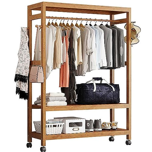 Perchero móvil de bambú independiente con estantes de almacenamiento de 2 niveles y barra superior para colgar ropa, ideal para dormitorio y sala de estar