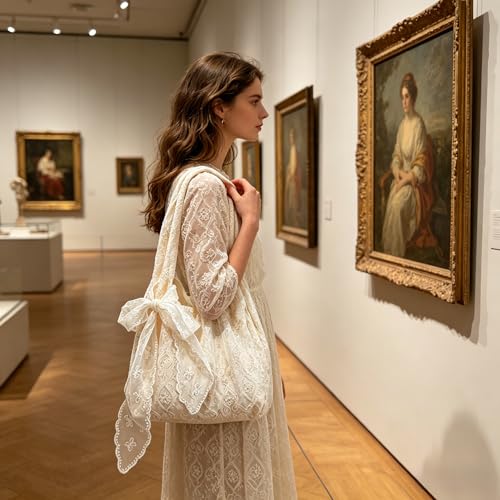 Bolso Tote Beige de Lona con Encaje para Mujer miniatura 6