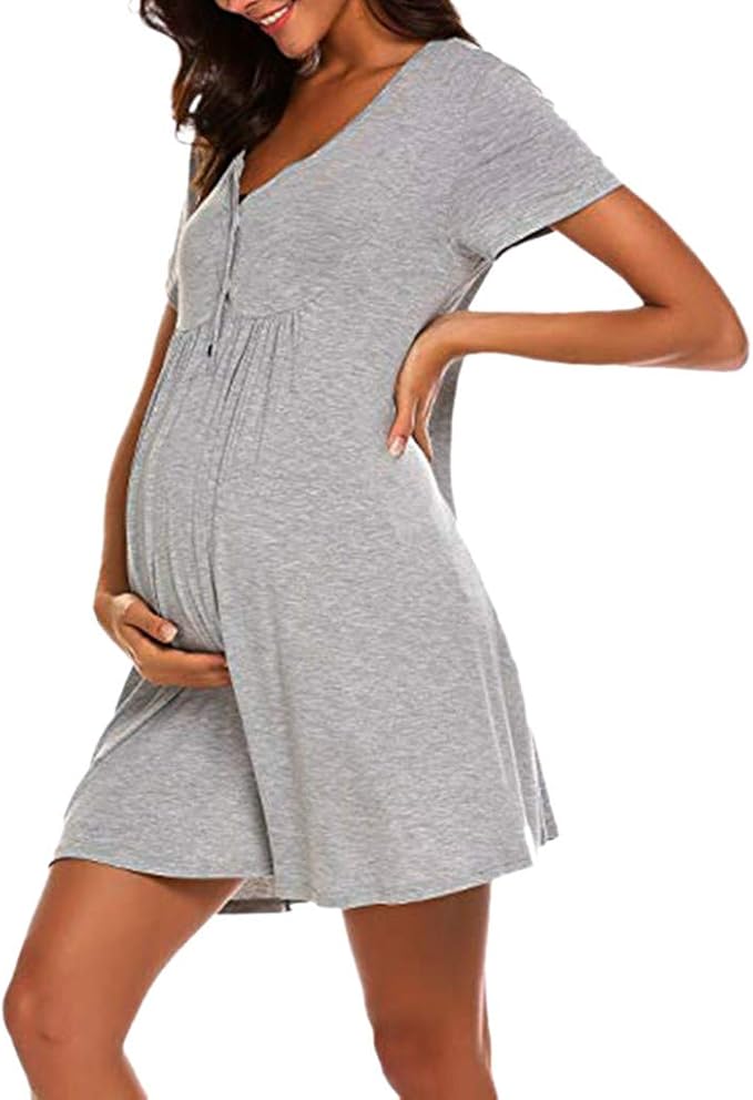 VRTUR Stillnachthemd, Damen Geburt Nachthemd Kurz mit Tasten Stillfunktion Kurzarmkleid