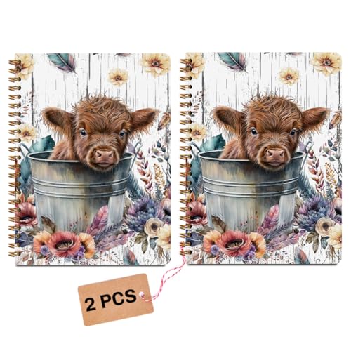 Image of 2Pcs Highland Cow Notebook, Cow College Ruled Spiral Notebook, Cows Print Stuff 160 Pages Hardcover Notebooks Journals for Writing Travel Business Office, Funny Aesthetic Notebooks for Women