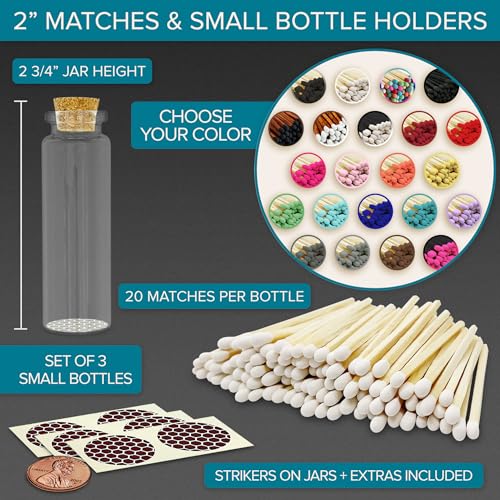 Image of Thankful Greetings 2 inch Matches in 3 Glass Bottles Cork Top, Striker Stickers Included | 60 Matchsticks Color of Your Choice | Decorative Safety Matches w /Small Glass Holder | Gifts & Home Decor