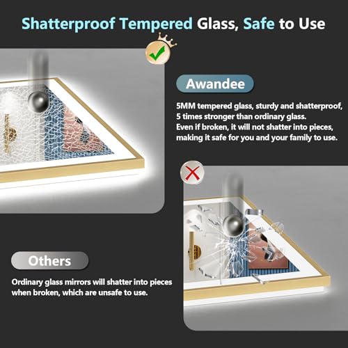 Image of 60x38 Gold LED Bathroom Mirror with Lights, Brushed Gold Framed Backlit and Front Lit Anti-Fog Lighted Vanity Mirrors for Bathroom Wall, Dimmable, 3 Colors, Memory, HD Tempered Glass, CRI 95