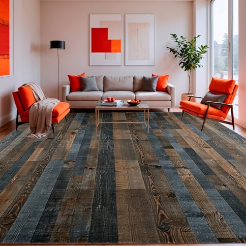 Ultra Soft Area Rug 6x9, Non Slip, Stain Resistant, Washable Area Rugs for Living Room, Bedroom, Rustic Timber Plank Floor Mat, Durable Outdoor Vinyl Area Rug for Patios (Brown, 6x9)
