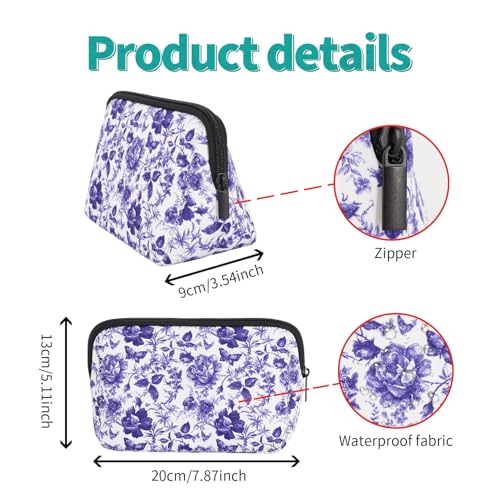 AJLTPA Waterproof Neoprene Cosmetic Bag, Blue & White Rose Floral — view 2