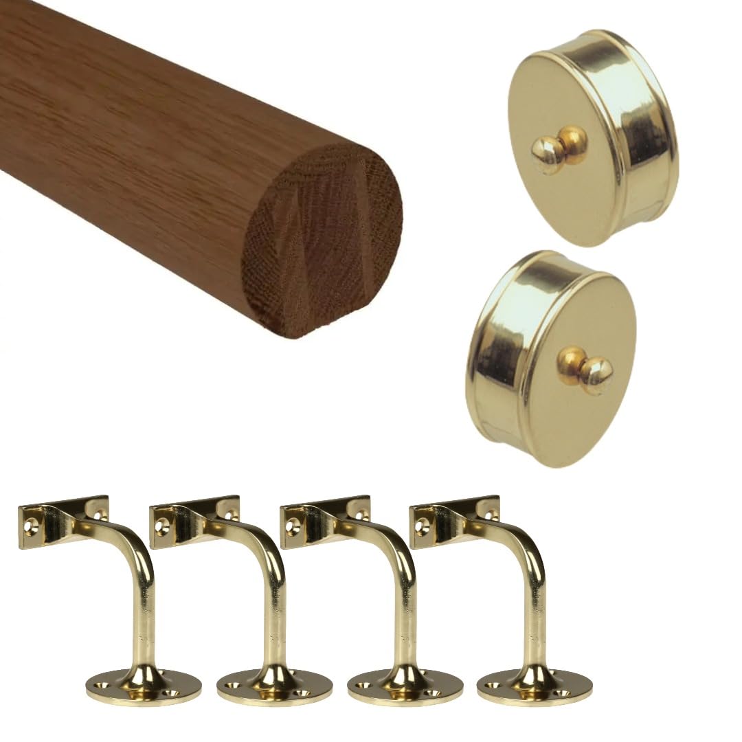 Jackson Woodturners Dark Hardwood Mopstick Handrail Kit with Brass Wall Brackets & Medium End Caps Stair Rail (3600mm + 4 Wall Brackets)