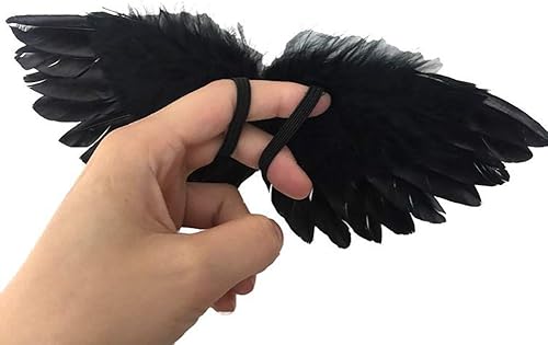 GSHLLO 2 Pcs Mini Black Angel Feather Wings for Crafts Halloween Cosplay with Elastic Straps