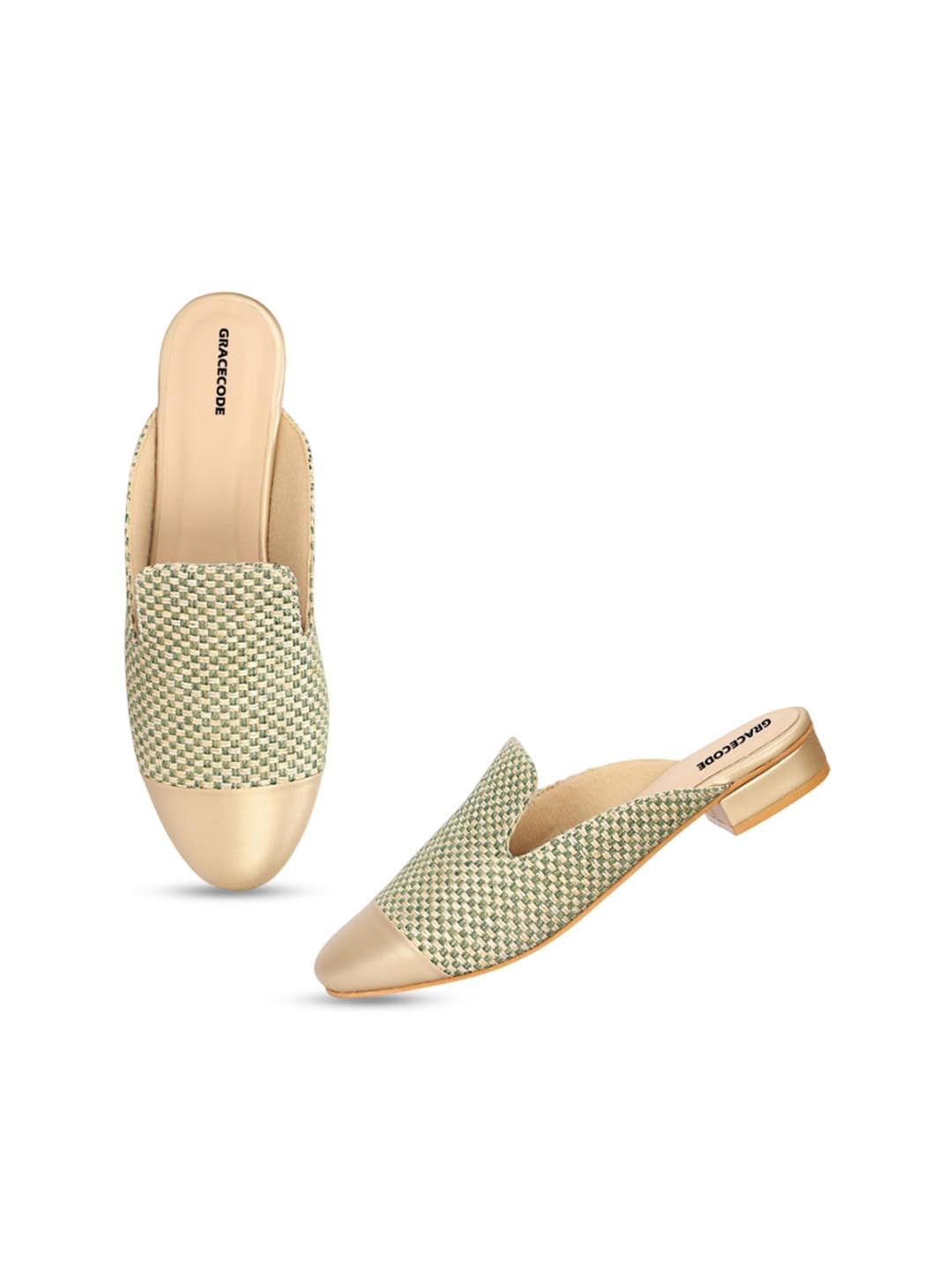 Women's Woven Mules, Gold and Green Checkered Pattern, Slip-On Style, Low Heel-image-41
