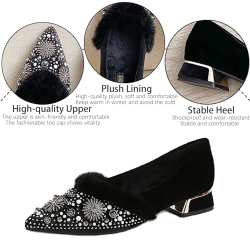 Women's Rhinestone Suede Chunky Heel Pumps Warm Fur Lined Fashion Pointed Toe Comfort Slip On Low Heels Dress Shoes for Wedding Party Evening Prom3