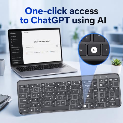 Image of Ant MASTER50 Wireless Keyboard Multi-Device Bluetooth 5.0 & 2.4GHz Rechargeable Slim Keyboard with Dedicated AI Key for ChatGPT, Silent Scissor Keys for Windows, Mac, Android, iOS (Grey Black)