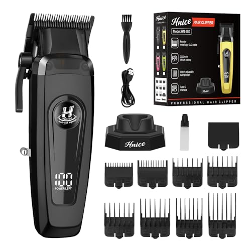 Hnice Professional Hair Clippers for Men 11500 RPM Barber Clippers Cordless with LED Display, 2000mAh Battery 150 Mins Runtime, DLC Blade, Charging Base & 8 Guide Combs Haircut Kit,HN-280