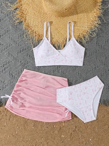 Image of COZYEASE Girls' 3 Piece Set Floral Print Bikini Swimsuit with Drawstring Beach Skirt Cute Ruched Bathing Suit