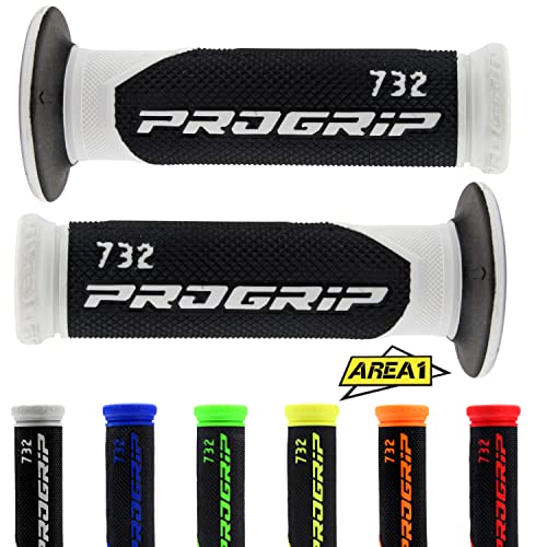 Area1 Progrip 732 Lot de 2 poignées de guidon de moto, en caoutchouc, 1 pièce de 22 mm et 1 de 24 à 25 mm, avec autocollant Area1, blanches