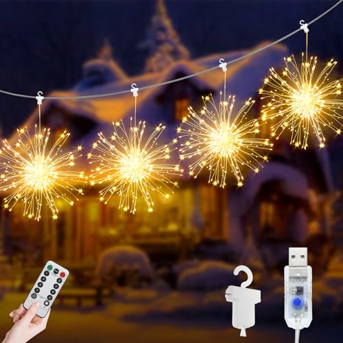 JIMACRO LED Guirnaldas de Luces, 4 * 120 LEDs Fuegos Artificiales Explosivos, USB 8 Modos Impermeable LED Luces de Fuegos Artificiales Exterior Interior para Fiesta Bodas Decoración