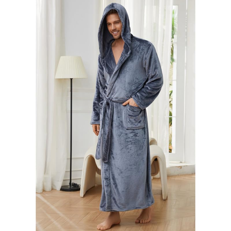 U2SKIIN Mens Hooded Robe, Full Length Plush Robe for Men Big and Tall Fleece Bathrobe2