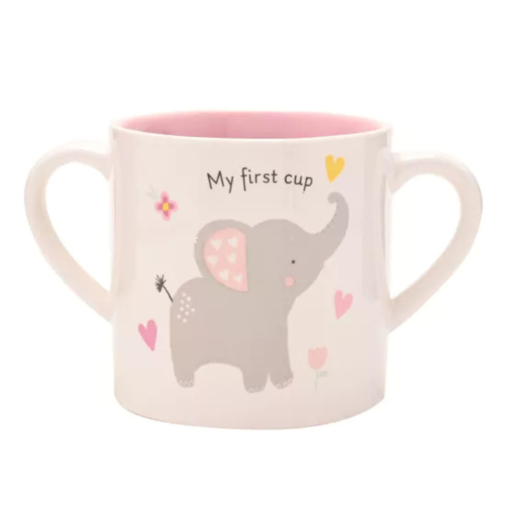 Widdop & Co Ceramic Baby Mug - First Cup Keepsake Gift for Baby Girls & Newborns - Elephant Design - Toddler Drinking Cup with Double Handles