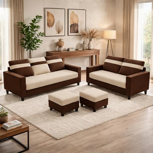 Image of CRAFTORA Heaven Dual Tone Plush Velvet 3 Seater + 2 Seater Sofa Set with 2 Ottoman | Silken Velvet Suede Upholstery | Designer Sofa for Living Room & Office Spaces (Dark Brown & Cream)