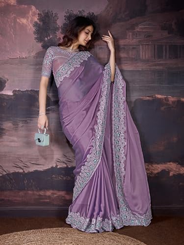 Image of TRENDMALLS Women's Designer Rangoli Silk Embroidered Saree with Floral Cutwork Border, Sequin Work and Unstitched Blouse Piece For Women