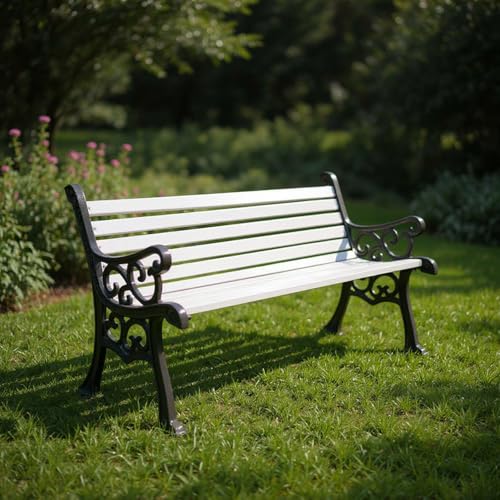 Image of Amazon Brand - Solimo Cast Iron 3 Seater Garden Bench | Durable Outdoor Park Bench for Balcony Patio Terrace, Living Room | Ideal Outdoor-Indoor Seating Furniture (White)