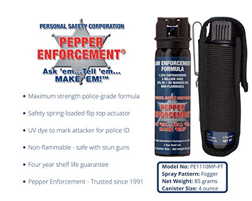 Pepper Enforcement 4 oz. Fogger Pepper Spray with Metal Belt Clip Holster for Self Defense - Maximum Strength 10% OC Fog Formula, Flip Top Safety Tactical Design, Personal Protection Devices