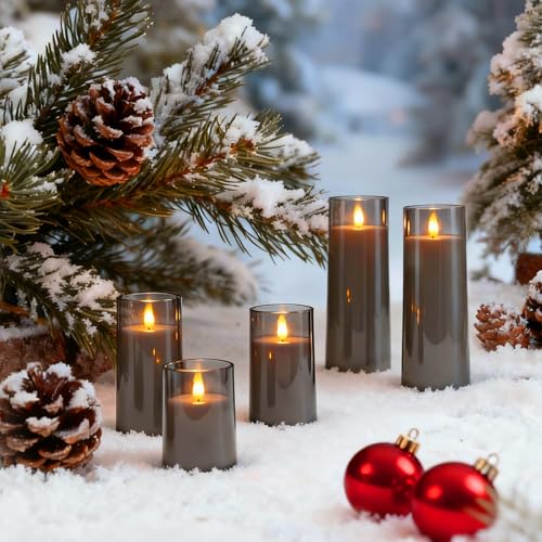 Image of Raycare Flameless Candles Battery Operated with Remote Timer, Acrylic Flickering LED Pillar Candle for Christmas Decoration, Home Decor, Gift for Family and Friend, Grey, Set of 5