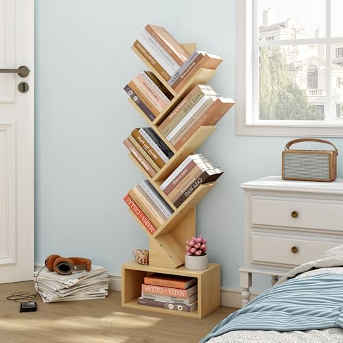 Image of Hoctieon 6 Tier Tree Bookshelf, Tall Bookcase with Drawer, Freestanding Book Shelf, Display Floor Standing Storage Shelf, Book Organizer Shelves for Home Office, Living Room, Bedroom, Yellow