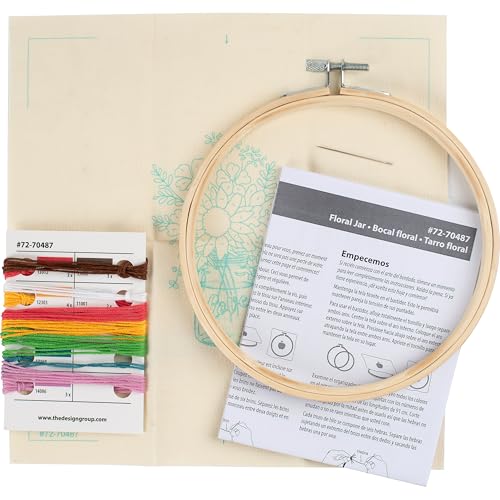 Image of Dimensions 72-70487 Floral Jar Embroidery Needlepoint Kit for Beginners, 6 inch Diameter Hoop, Multicolor, 5 Pieces