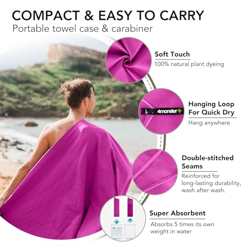 Image of 4Monster Quick Dry Travel Towel with Case & Carabiner - Super Absorbent Microfiber Gym & Camping Towel. Compact, Lightweight, Fast Drying for Beach, Swimming, Hiking, Backpacking