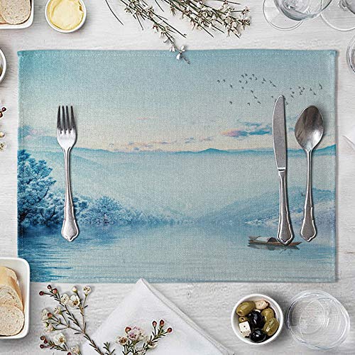Beydodo Juego de 4 manteles individuales de cocina resistentes al calor para mesa de comedor de madera de 30,5 x 40,6 cm, diseño de paisaje de montaña y río