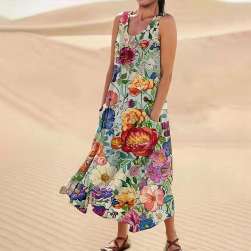 Plus Size Cotton Linen Summer Dresses for Curvy Women 2025 Sleeveless Maxi Vacation Beach Sundresses with Pockets