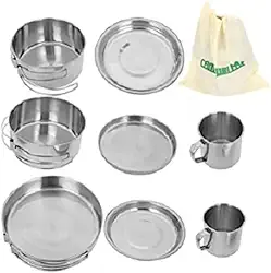 Kit Cozinha Camping Inox 8Peças Frigideira Panela Copo Bolsa