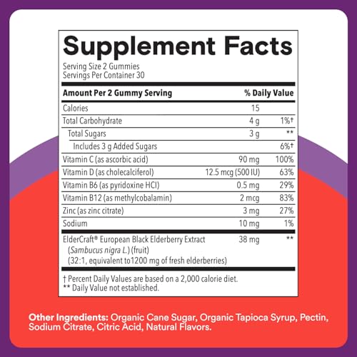 Image of SmartyPants Kids Immunity Elderberry Gummies: Kids Immune Support Supplement, Vitamin C, Vitamin D, Vitamins B6 & B12 and Zinc, Gluten Free, Elderberry Flavor, 60 Count (30 Day Supply)