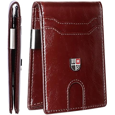 PDOO Minimalist Front Pocket Rfid Leather Wallet |Front Pocket Wallets For Men | Thin Mens Bifold Wallet with Money Clip | 12 Card Holders Slots with ID Window | Gift Choice, Oil Wax Skin Coffee Cover