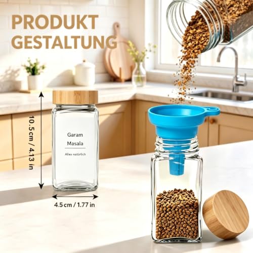 DIFULI 24 Gewürzgläser Eckig Set mit Deckel, 120ml Gewürzdosen mit 340 Etiketten, Gewürzstreuer Spice Jars Gewürzbehälter mit Trichter mit… – Ansicht 2