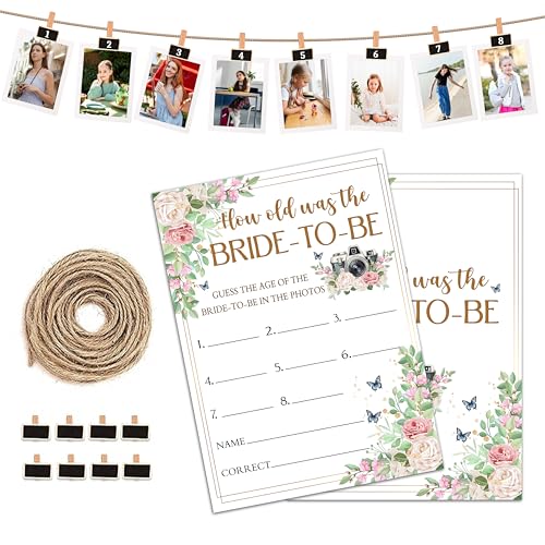 HMJKL Bridal Shower Games, Floral Wedding Photo Games Card, Bridal Shower Bachelorette Engagement Party Ideas Supplies Decorations, How Old was The Bride-to-Be Game Cards for Guest, 30 Pack -07