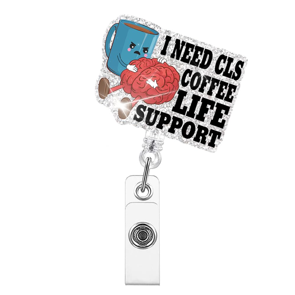 Xipromi I Need CLS Coffee Life Support Badge Reels Retractable Glitter with Clip, Funny Badge Holder for Coffee Lover Nurse Cardiologist, Healthcare