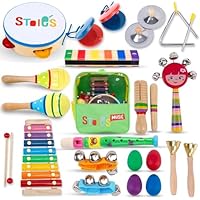 Stoie's Wooden Kids Musical Instruments, Baby Percussion Toys with Xylophone, Maracas, Tambourine, Durable, Safe to Play, Clear Loud Sound, Bright Rainbow Colors, Storage Backpack