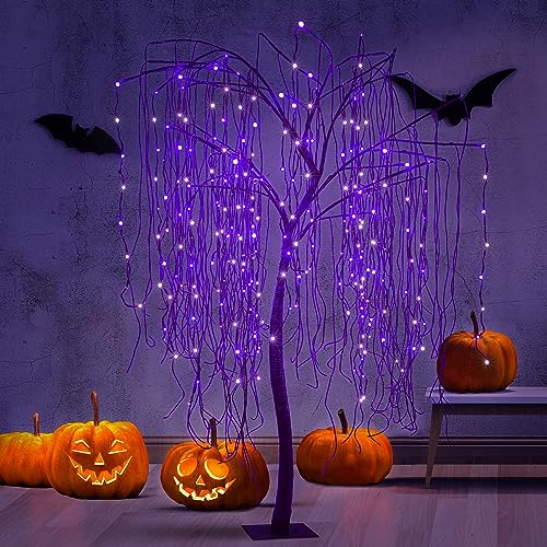 7 FT Halloween Lighted Willow Tree 256 LED Purple Lights Artificial Weeping Willow Tree with 6 Spiders Outdoor Indoor Decoration Christmas Festival Decor