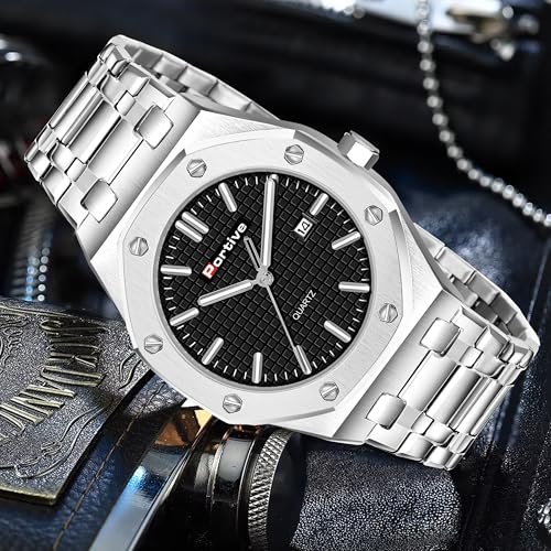 Image of Portive Quartz Watch for Men, Silver Stainless Steel Bracelet, Black Dial, Date Display, Octagonal Case