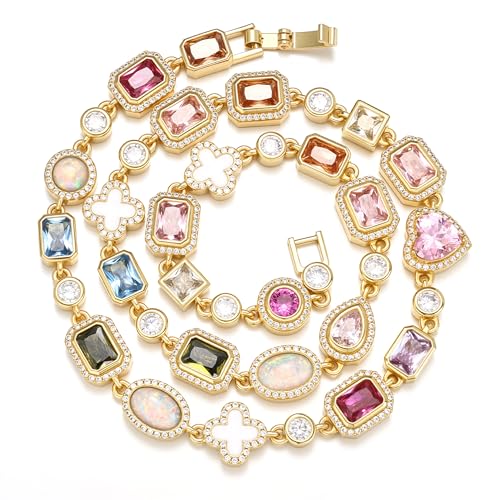 BREN Tennis Necklaces for Women - Gold Plated Gemstone Necklace Cubic Zirconia Chain Choker Necklace Colorful Necklace Rainbow Hip-Hop Jewelry Wedding Valentine's Day Gifts