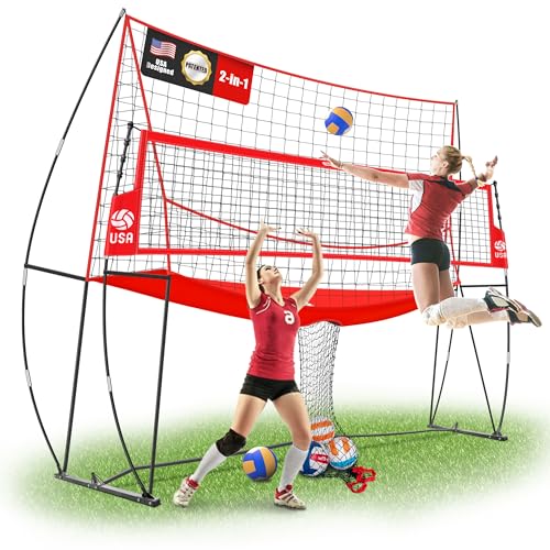 JOLORLY 2-in-1 Volleyball Practice Net Station with Patented 5-Height (6'6'' to 8'), Heavy Duty Training System for Hitting Spiking Serving, Backyard Indoor Outdoor Trainer Equipment (12x11 ft Red)