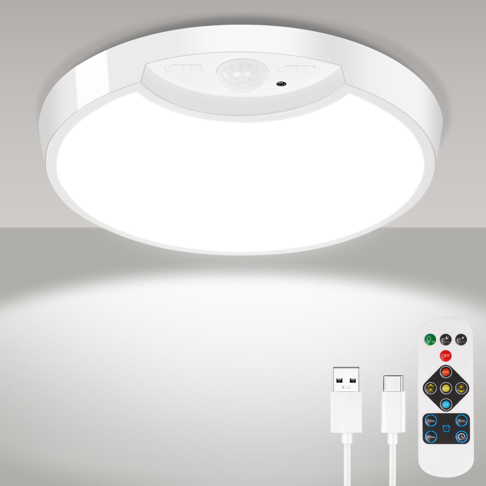 HOTUT Plafoniera LED A Batteria Ricaricabile Con Sensore Di Movimento E Telecomando, 3000K-6000K Dimmerabile, Per Interno/esterno, 4500 MAh