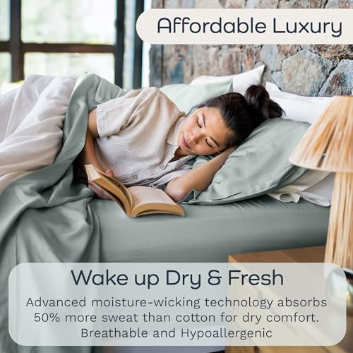 Image of Olive + Crate Tencel Lyocell Eucalyptus Queen Size Sheet Set - Cooling Tencel Sheets for Hot Sleepers with 18 Inch Deep Pocket Fit - Eucalyptus 4-Piece Set