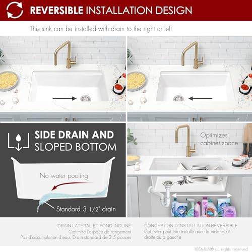 Image of Stylish 32 x 18 Inch Composite Granite Workstation Kitchen Sink, Single Bowl Under Mount & Drop in, 9.5 in Deep, with Cutting Board, Roll-Up Drying Rack, Colander & Strainer, White, S-832WH