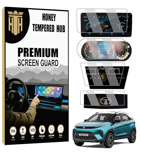 Image of (4 PACK) Screen Guard For TATA NEXON 2026 FACELIFT - 10.25 INCH INFOTAINMENT (Round Corners) + 4 INCH INSTRUMENT CLUSTER + DIGITAL STEERING + AC CONTROL PROTECTOR / Fit for PURE PLUS / PURE PLUS S / SMART+S CNG / Anti Scratch Car TouchScreen Display Guard | New TataNexon 2026 Accessories [Not Tempered Glass] (NEXON 2026-2)