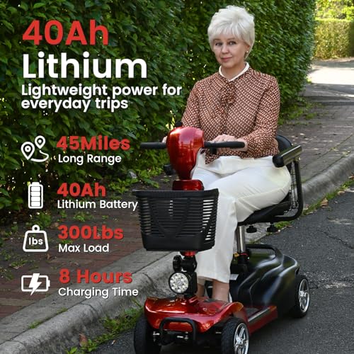 Image of 4 Wheel Mobility Scooters for Seniors - Up to 45 Miles Range,Folding Powered Mobility Scooter Device w /600WH Battery,Only 58 lb Weight, Dual Basket, 300 lb Capacity, Compact