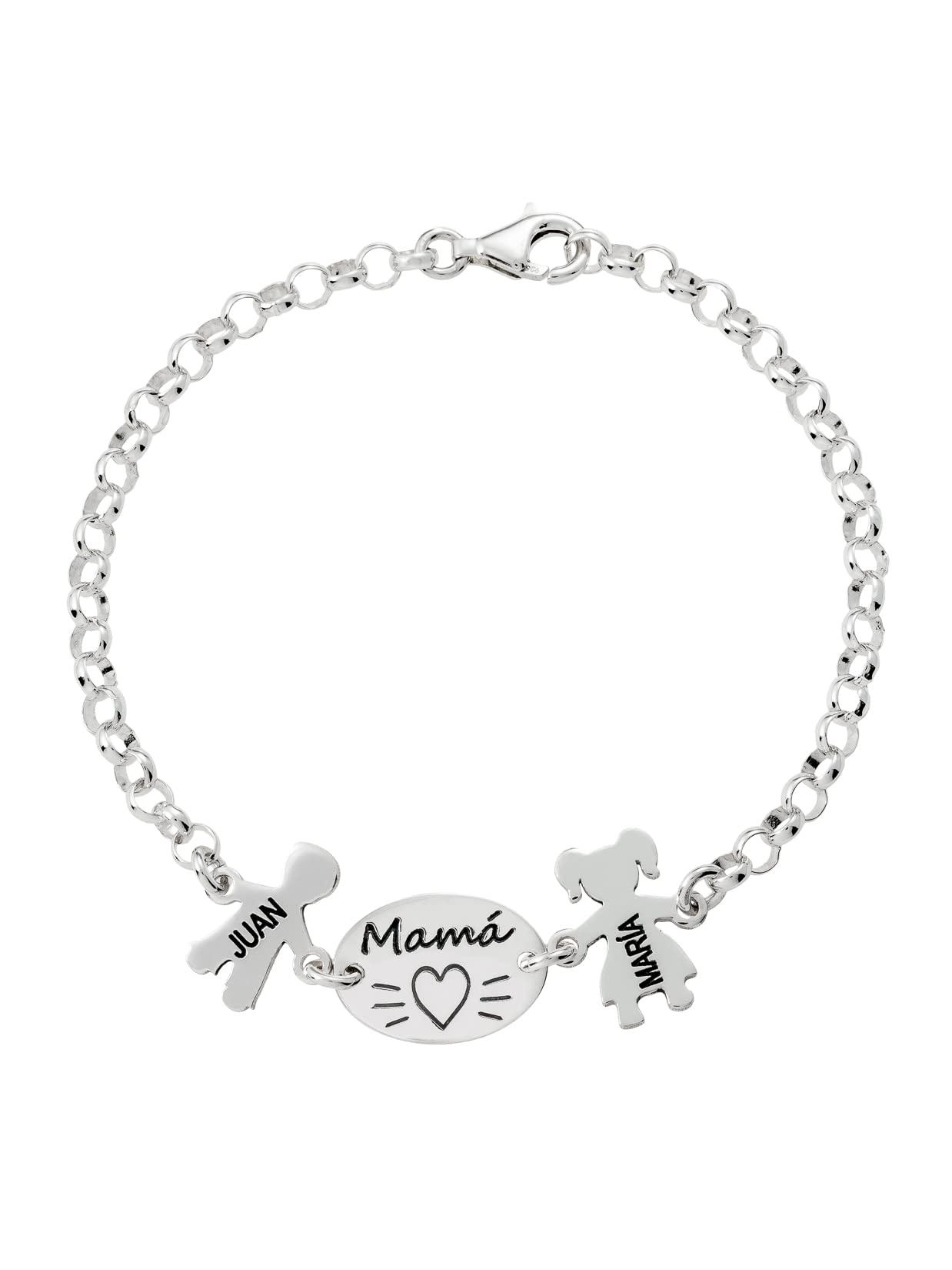 PlataJewels PlataJewels-Pulsera Personalizada Placa Mama Niños de Plata de Ley 925.Pulsera Ideal como Regalo para Madre. Pulsera con Nombre personalizado de Hijos .Graba de1 a 4 Nombres. Ajustable