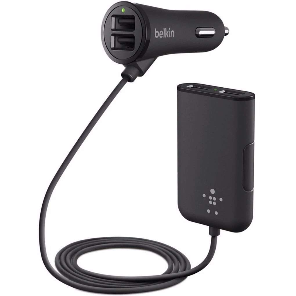 Belkin Road Rockstar - Cargador de coche USB 2.0 de 4 puertos, 2 puertos 2.4 A de frente compartido y 2 puertos 2.4 A cada uno en la parte posterior, para smartphones y tabletas, negro